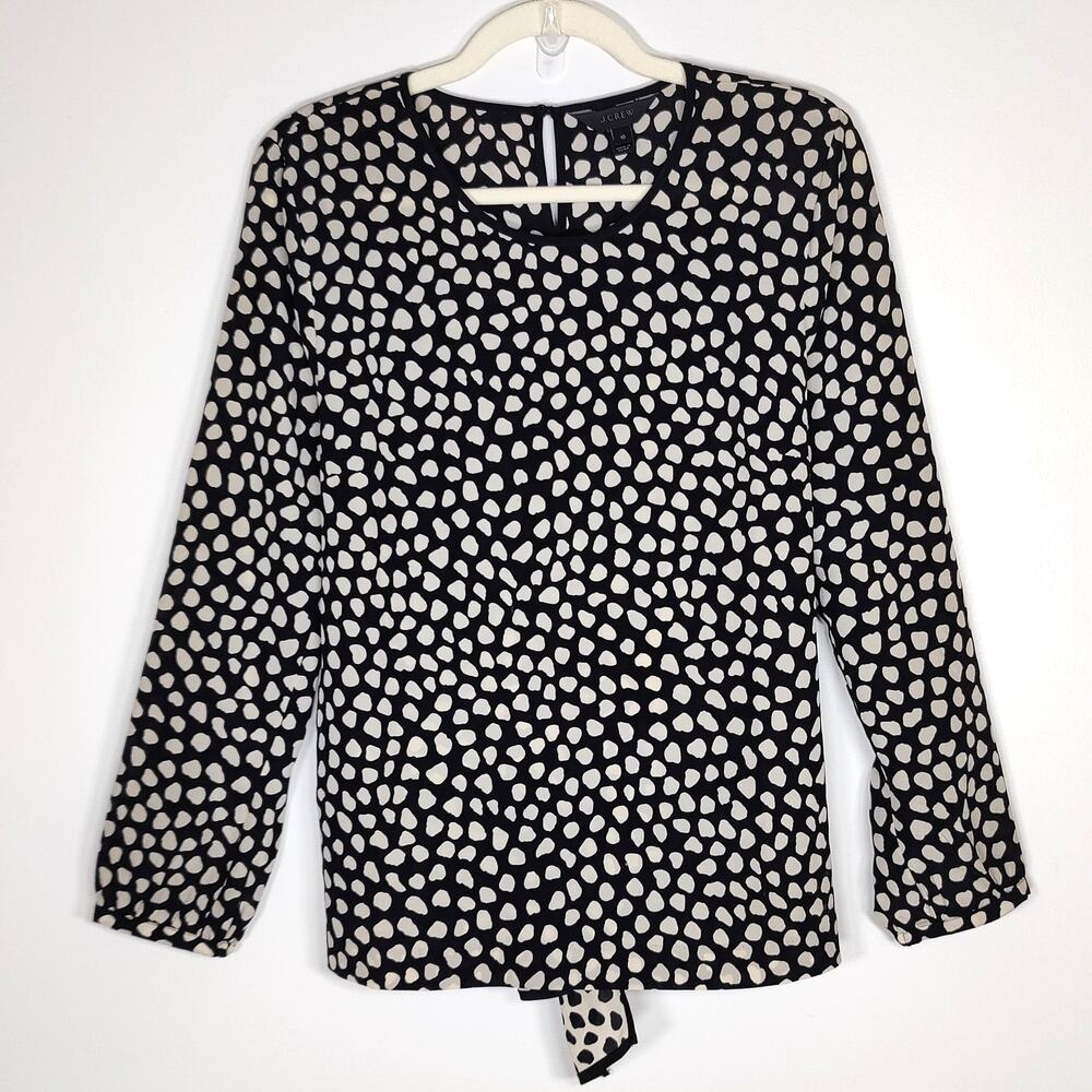 J.Crew Silk Blouse‎ Bow Tie Back Polka Dot Black Cream Size 10 French Parisian
